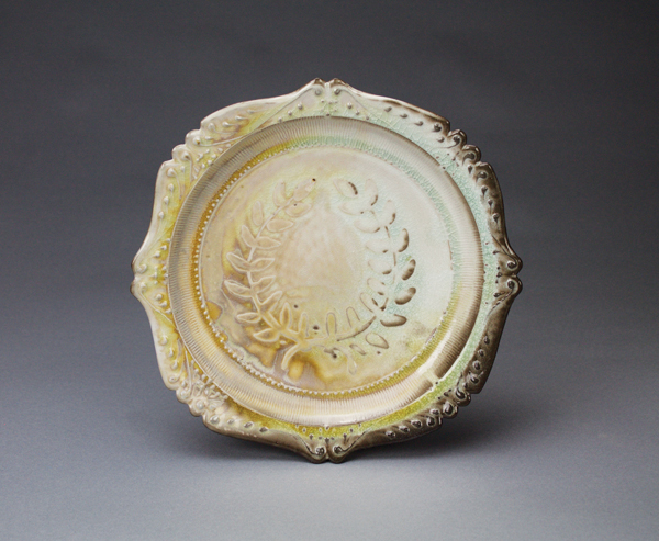 2 Empty Set in Laurel Charger, 11½ in. (29 cm) in height, wheel thrown, handbuilt porcelain, multiple layered glazes, slip trailed, soda fired to cone 11 in reduction, 2017. 