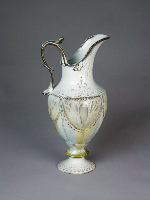 1 Ceremonial Ewer, 15 in. (38 cm) in height, wheel thrown, handbuilt porcelain, multiple layered glazes, slip trailed, soda fired to cone 11 in reduction, 2016.