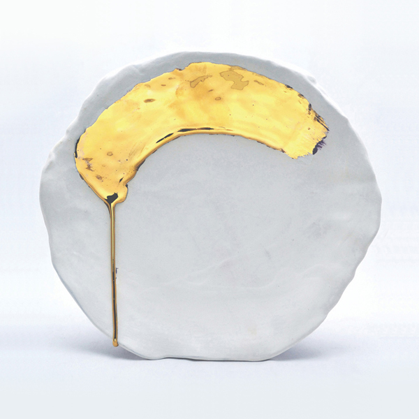 Theo Uliano's Plate #3, 14 in. (36 cm) in diameter, handbuilt earthenware, slip, glaze, gold luster, 2014.