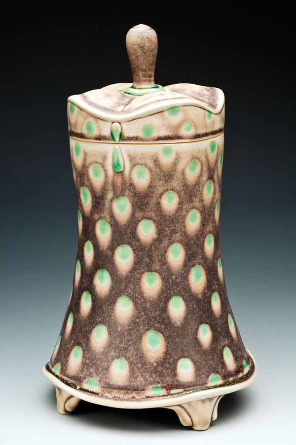 3 Tall Peacock Box, 13 in. (33 cm) in height, wheel-thrown and altered white stoneware, glaze, electric fired to cone 6, 2012. Photo: Bob Payne.