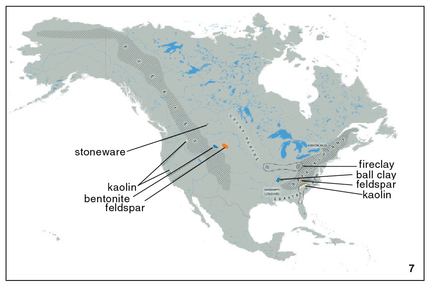 7 Map of North America showing commercial clay and feldspar deposits. (Article focus is on the geology of Great Britain and North America, which were once joined together and share similar features.) Courtesy of Henry Bloomfield.