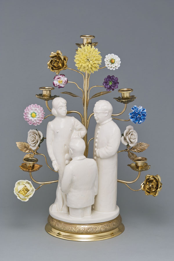9 Léopold Foulem’s Trio in a Flower Patch, 20 in. (52 cm) in height, ceramic and found objects. Photo: Richard Milette.