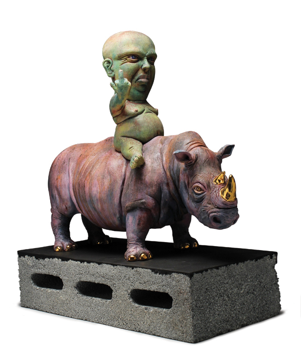 2 Urban Safari, 15 in. (38 cm) in height, handbuilt earthenware, terra sigilatta, glaze, stains, concrete, luster, fired to cone 04, 2016.
