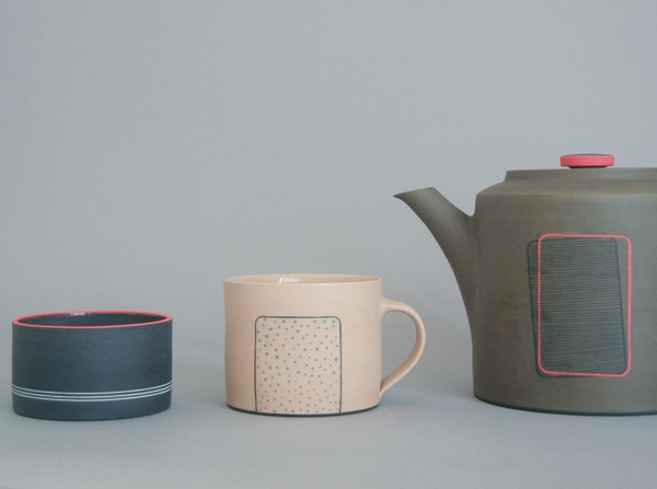 6 Unglazed tea set made for the British Ceramics Biennial, wheel-thrown porcelain, slip, liner glaze, high fired, 2013.