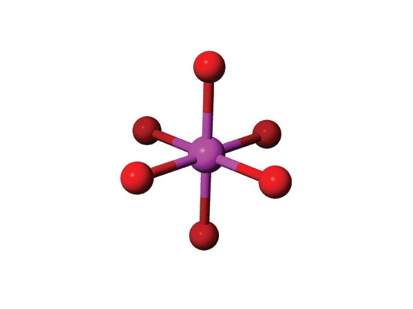 2B Octahedral arrangement, with metal atom e.g. cobalt in the center. The red atoms are oxygen. This arrangement with cobalt gives a pink color in glazes. 2A, 2B Diagrams by Elin Barrett.