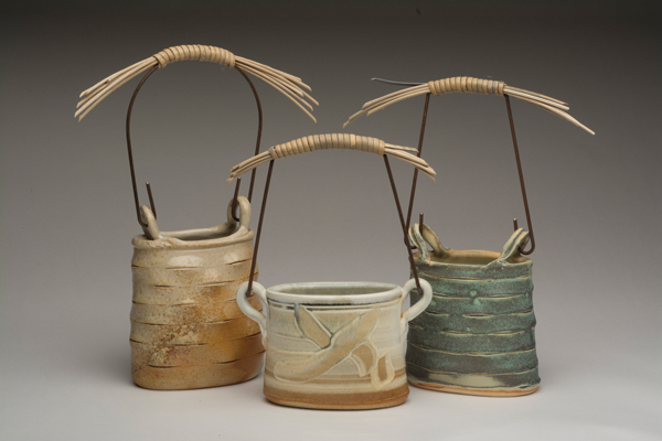 Flower baskets, 16 in. (41 cm) in height, porcelain, stoneware, fired in wood and oxidation kilns. Photos of finished, fired pieces: Dale Roddick.