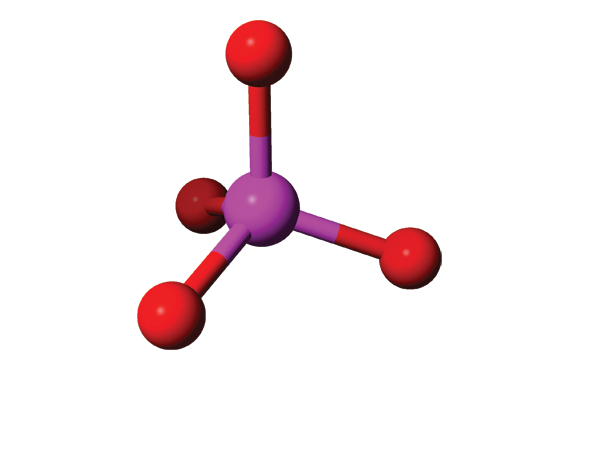2A Tetrahedral arrangement, with metal atom e.g. cobalt in the center. The red atoms are oxygen. This arrangement with cobalt gives a blue color in glazes. 