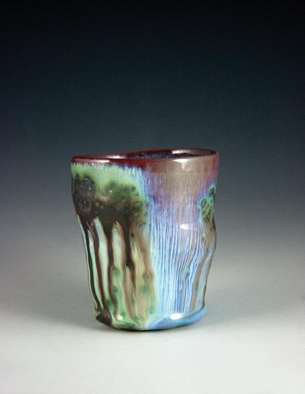 Adam Yungbluth's Blue/black/white shooter, 3 in. (8 cm) in height, porcelain, low- and mid-range glazes, salt fired to cone 11, 2015.