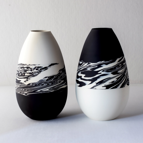 Black-and-white nerikomi vase, 9 1/2 in. (24 cm) in height, porcelain, fired to cone 7, 2022.